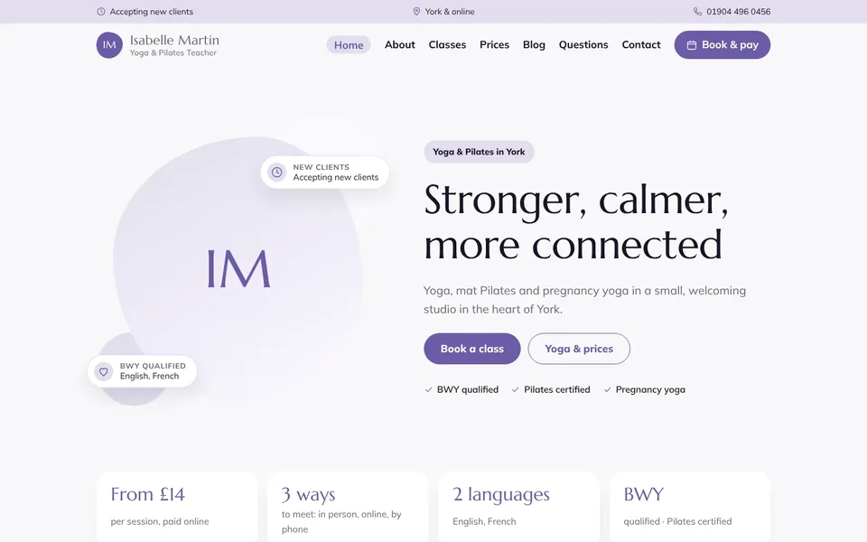 Breathe website design for yoga & pilates