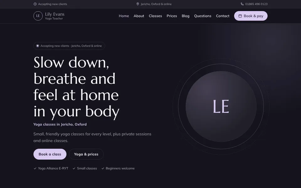 Moonlight website design for yoga & pilates